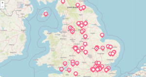 A map with pins showing all Family Acton services across the UK.