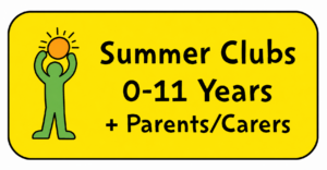 The Change4Life 0-11 years Summer Clubs badge in yellow. A green jellybean figure holds a symbol of the sun.